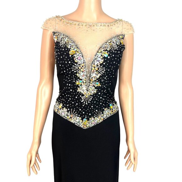 Panoply Black Rhinestone Embellished Mesh Illusion Gown Size 6 W Sheer Neckline - Picture 12 of 13